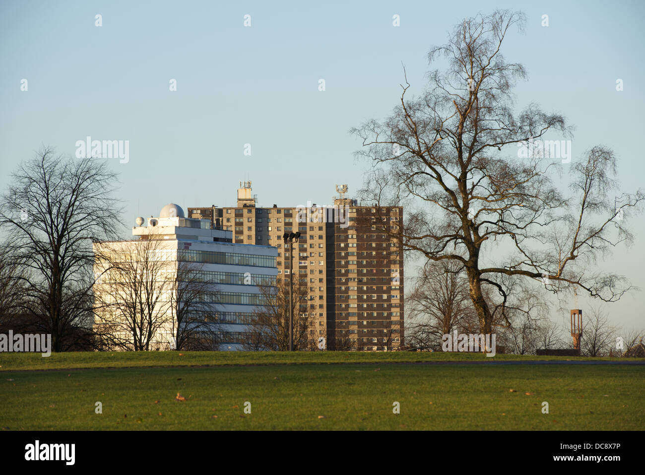 Glasgow Green with the City of Glasgow College, Gorbals High Flats and the Minaret of the Mosque. Stock Photo