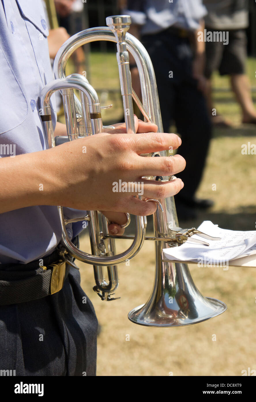 Royal Air Force Cadet holding a cornet brass instrument Stock Photo