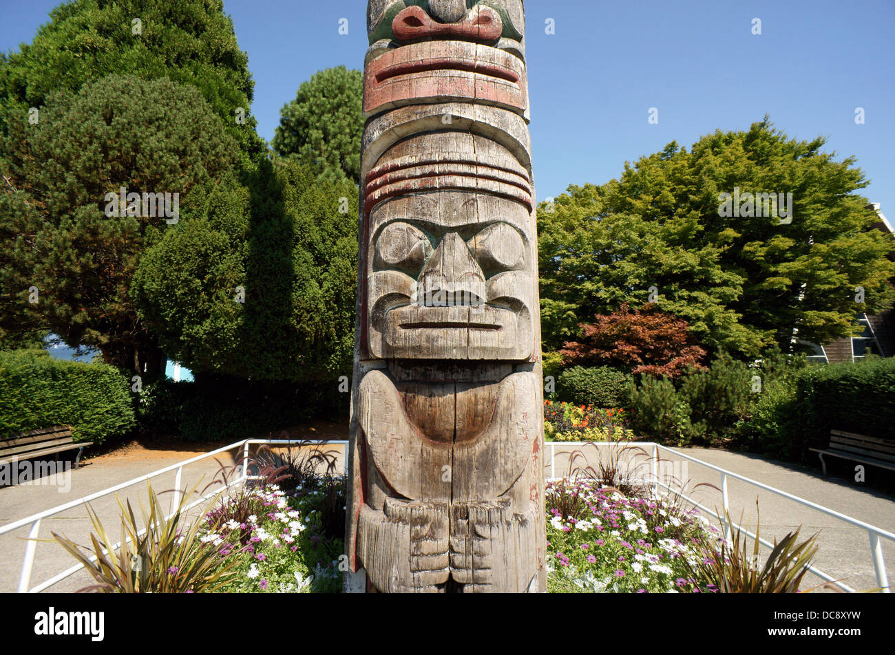 Close-up of  the the Centennial Totem Pole carved by Mungo Martin in Hadden Park, Vancouver, BC, Canada Stock Photo