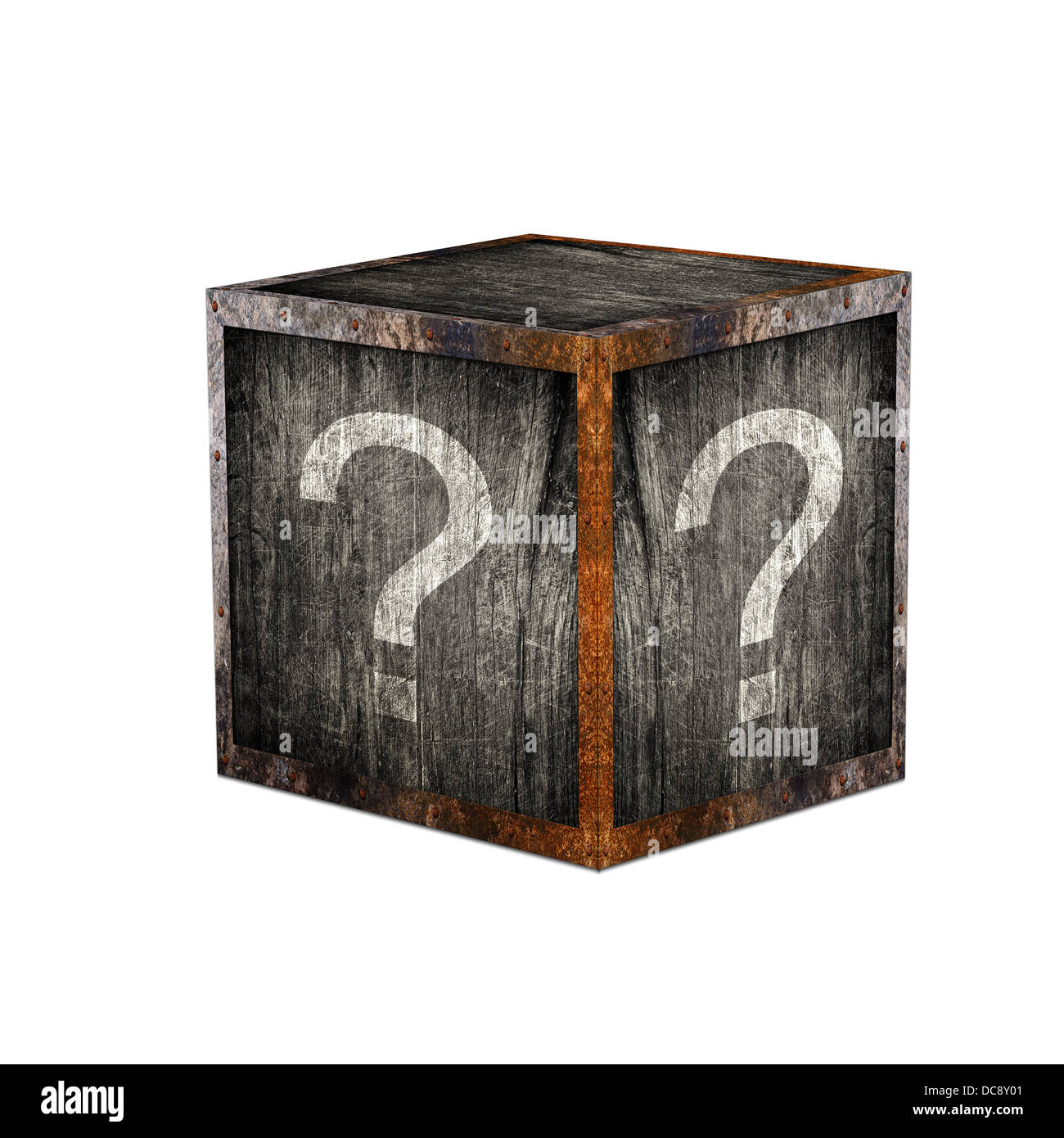 Wooden mystery box with question marks. Stock Photo