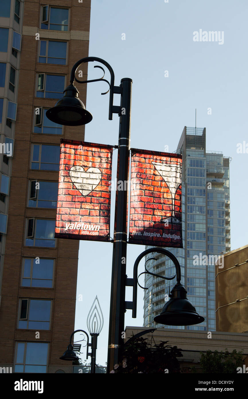 Banners hanging from a lamp post in Yaletown, Vancouver, British