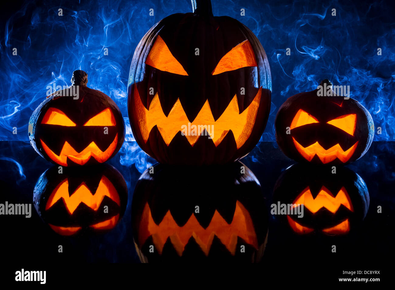 Pumpkins for Halloween on a blue background Stock Photo - Alamy