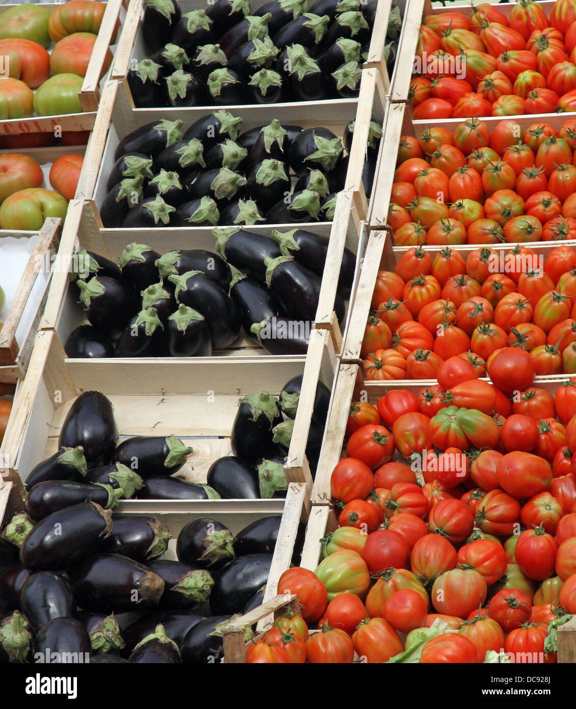 boxes full of fresh fruits and vegetables and seasonal fruit and vegetable market at retail and