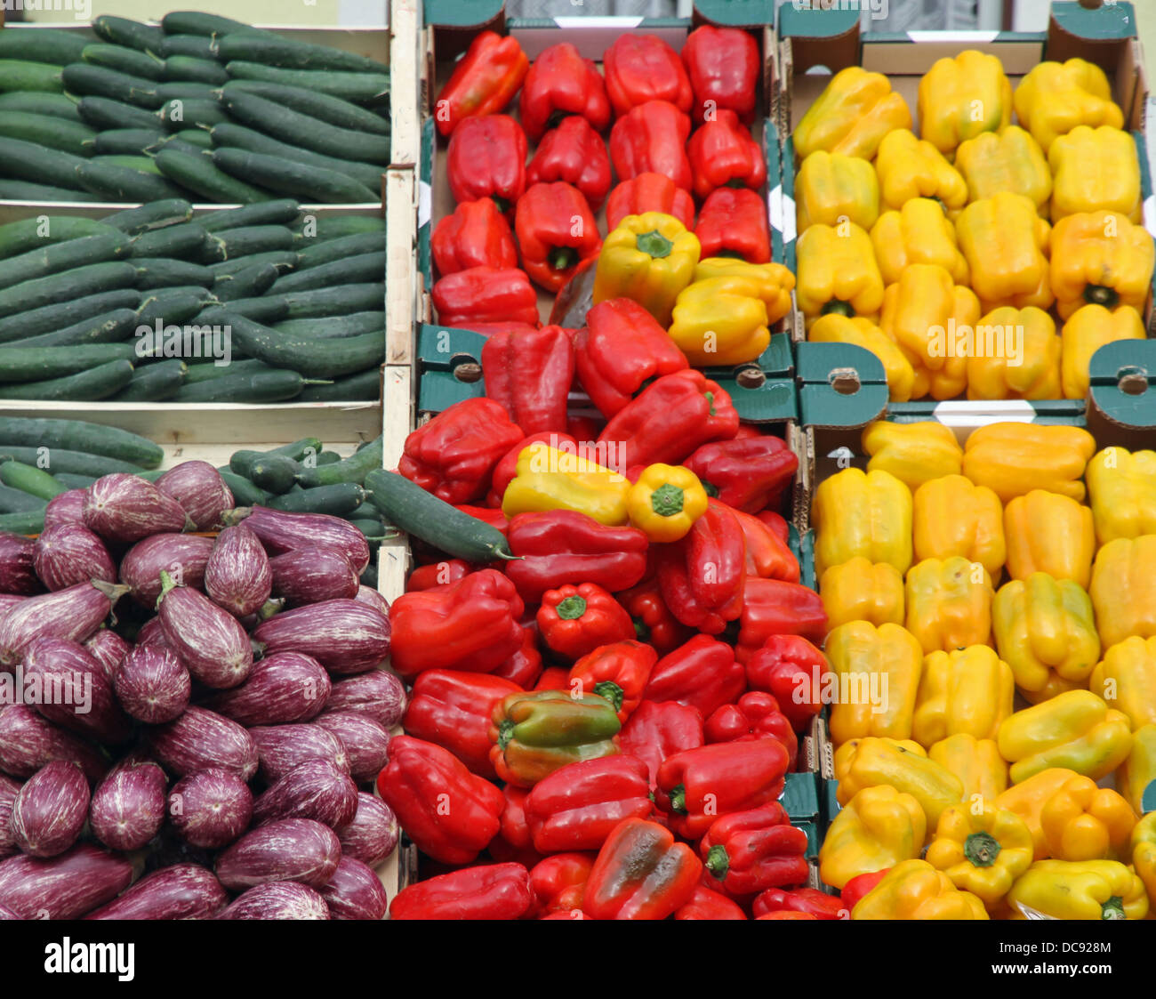 boxes full of fresh fruits and vegetables and seasonal fruit and vegetable market at retail and