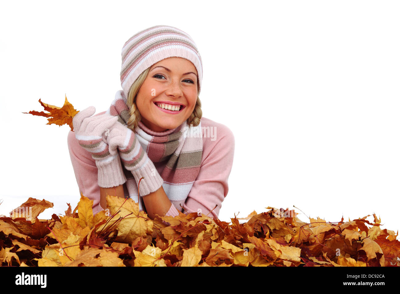 studio portrait of autumn woman in yellow leaves Stock Photo - Alamy