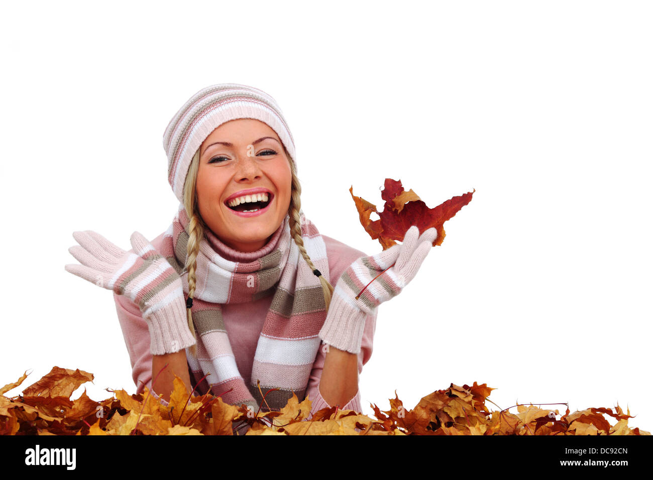 studio portrait of autumn woman in yellow leaves Stock Photo - Alamy