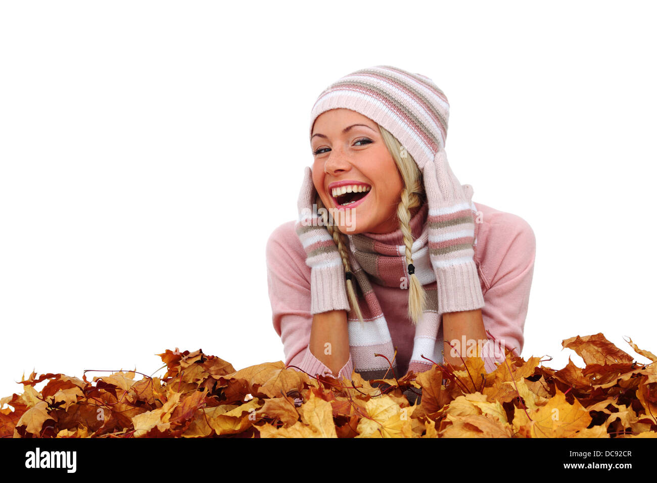 studio portrait of autumn woman in yellow leaves Stock Photo - Alamy