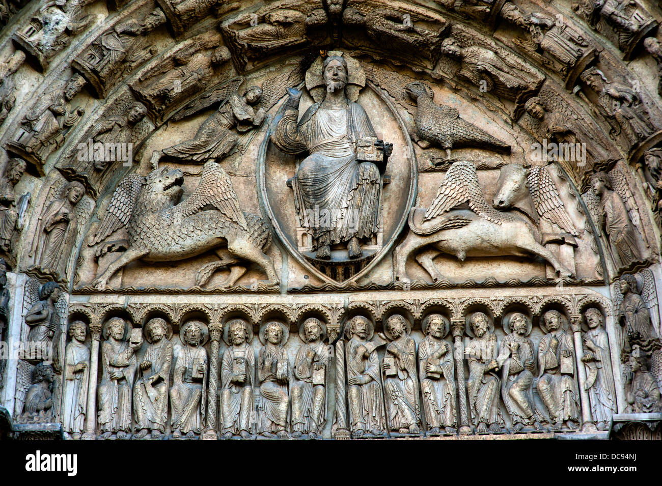 Chartres Cathedral, the Loire Valley, France. July 2013 Royal Portal Tympanum Stock Photo