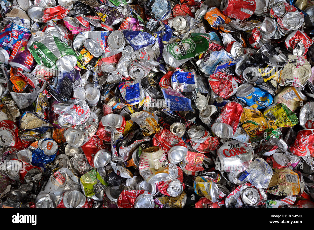 Aluminum alloy soft drink cans ( tin cans) collected for recycling at a