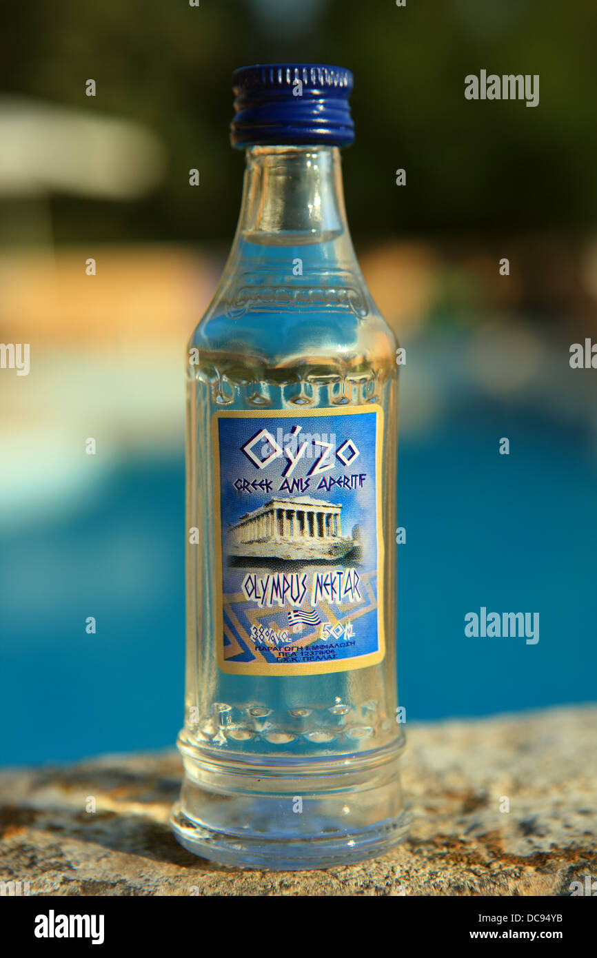 Miniature bottle of Greek Ouzo Stock Photo