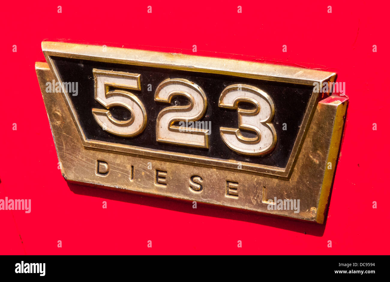 The name plate on an old International Harvester vintage 523 tractor Stock Photo