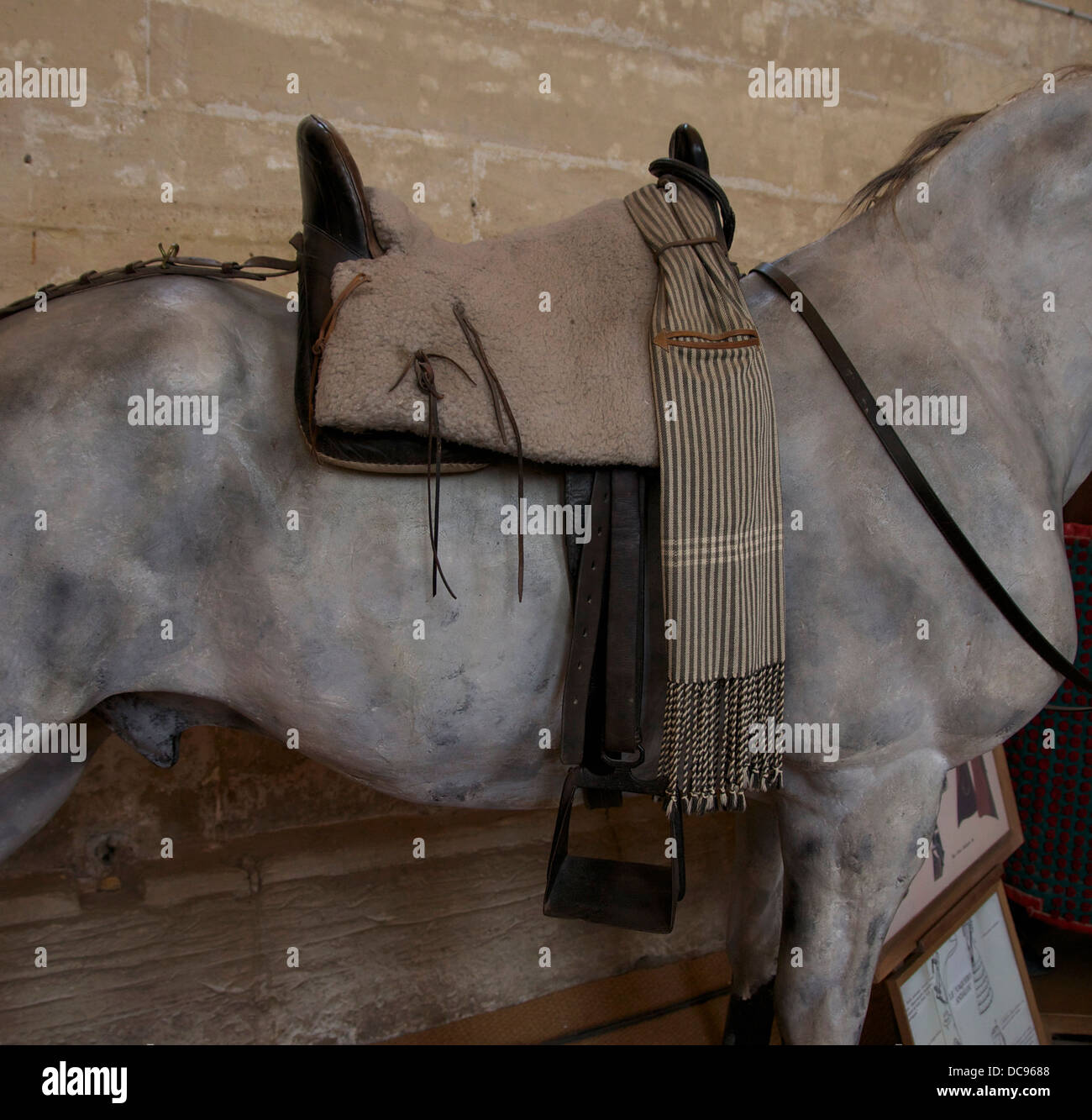 andalusian vaquero saddle. Musée Vivant du Cheval, Chantilly, France Stock Photo