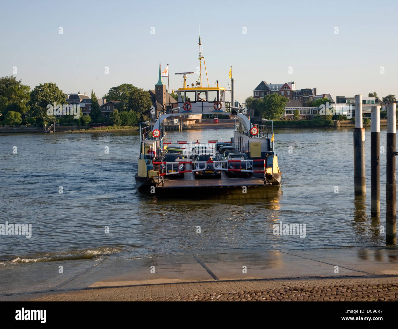 Car ferry arriving at Kinderdijk across the River Lek from Krimpen aan