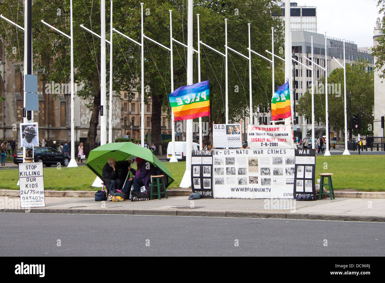 The remnants of Brian Haws Peace camp outside Parliament square in Westminster, London. Stock Photo