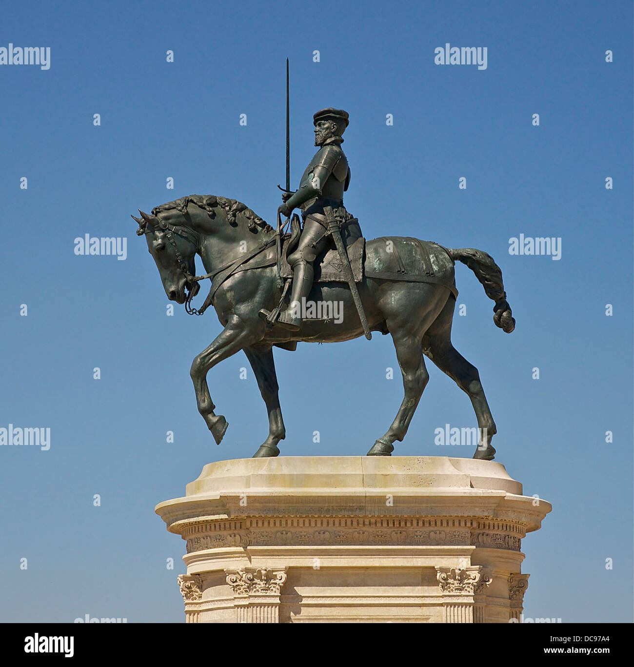 Equestrian bronze statue of Anne de Montmorency, Constable of France, (1492-1567) in the courtyard of the Château de Chantilly. Stock Photo
