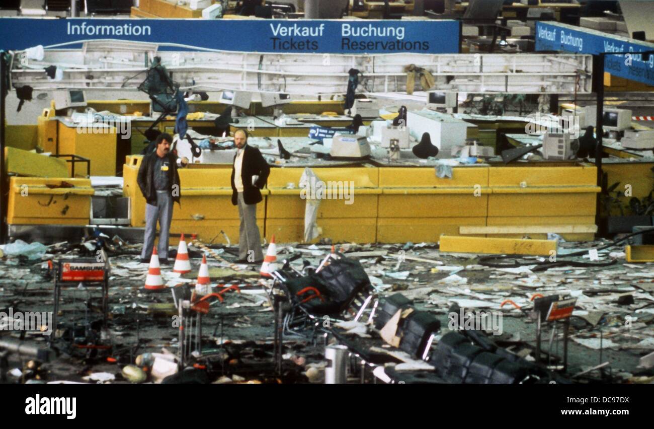 A scene of destruction at the airport in Frankfurt on the 19th of June in 1985 after the bomb explosion, in which three people died and 74 were injured. Palestinian guerilla leader Abu Nidal is said to be responsible for the attack. Stock Photo