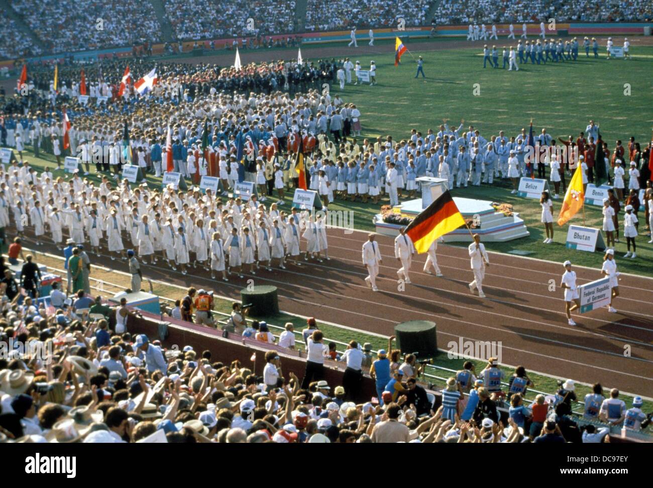 The team of the Federal Republic of Germany enters the Coliseum in Los Angeles during the entry of the nations at the XXIII Olympic Games in 1984 in Los Angeles, which will take place until the 12th of August in 1984. Stock Photo