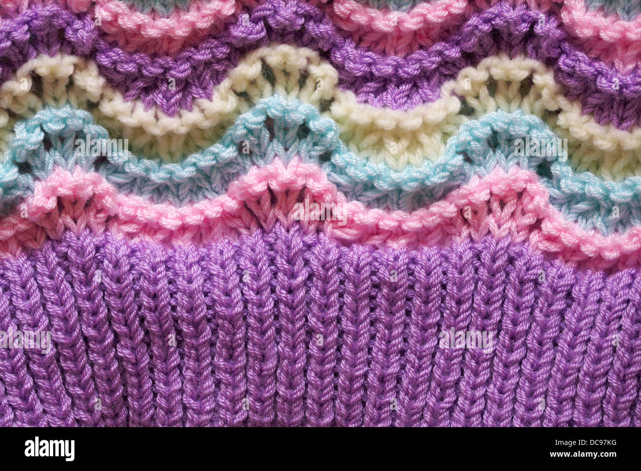 detail of colourful knitted baby jumper in pastel colours showing ribbing - abstract background Stock Photo