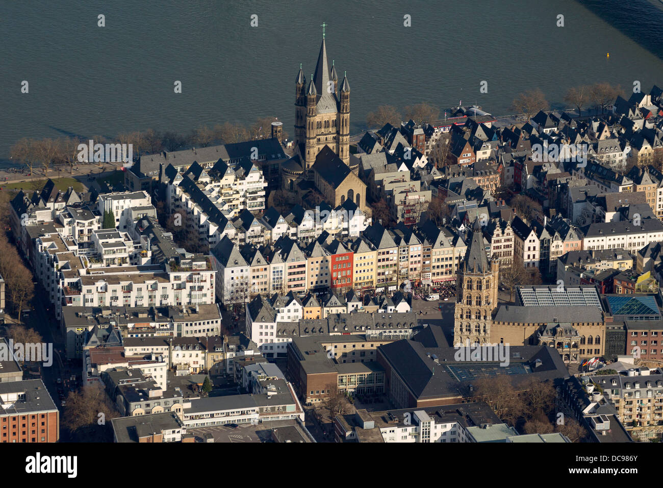Aerial view, historic town centre with the Great St. Martin Church or Gross St. Martin and the Cologne City Hall Stock Photo