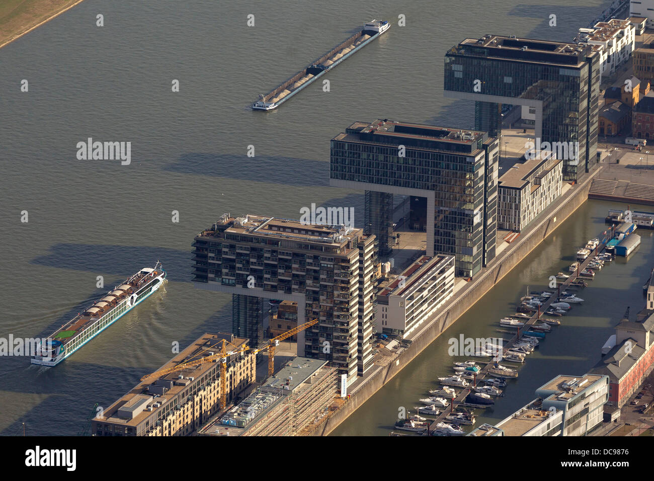 Aerial view, the Kranhaus buildings on river Rhine Stock Photo
