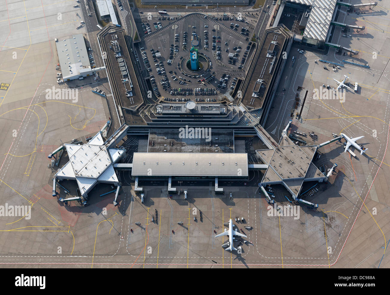 Aerial view, aircrafts at Terminal 2, Cologne Bonn Airport Stock Photo