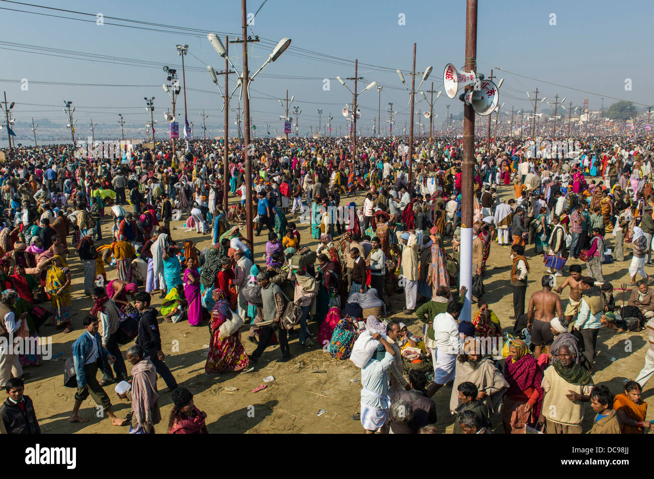 Crowds of people gathering, Kumbha Mela mass Hindu pilgrimage Stock