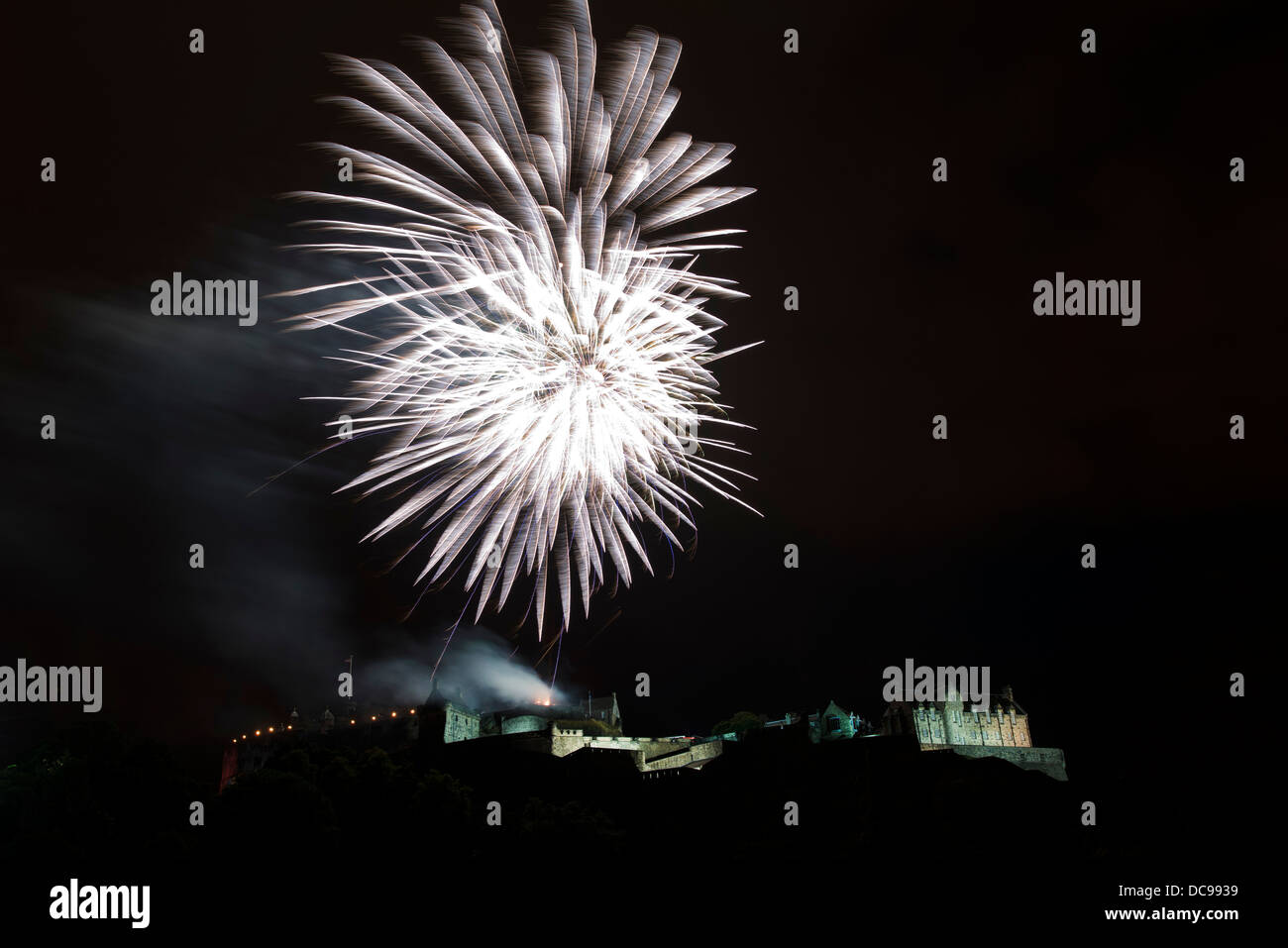 Fireworks and lighting effects over Edinburgh Castle as seen from