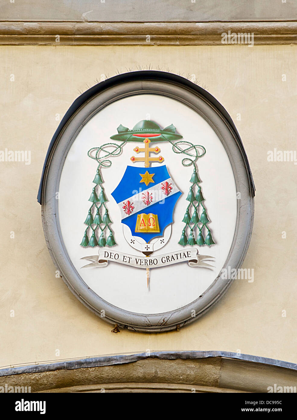 Coat of arms of H.E. Mgr. Giuseppe Betori, archbishop of Florence, on the façade of the palace of the archbishops. Stock Photo