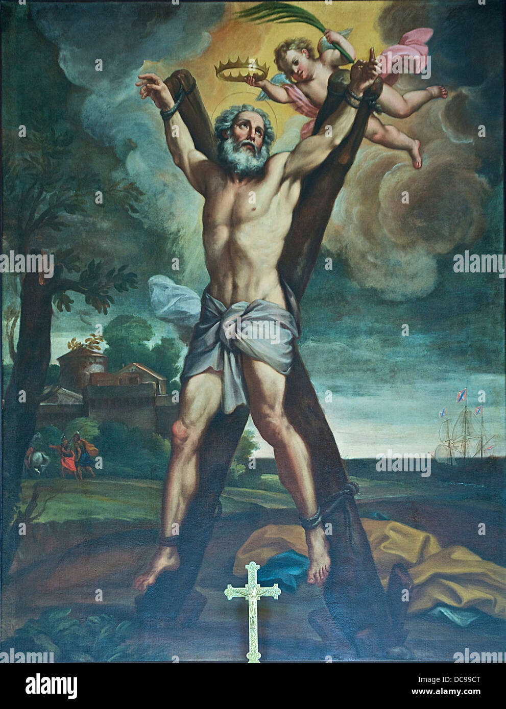 Limited representation of the seventeenth century the crucifixion of St. Andrew, above the altar of the chapel of the Scots Coll Stock Photo