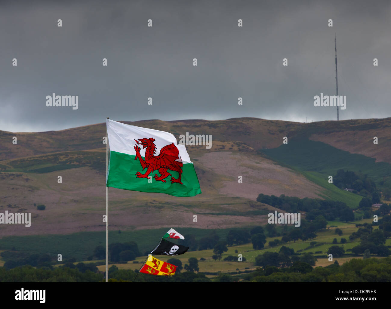 Y Ddraig Goch - Welsh Dragon, national flag of Wales, flies at the 2013 National Eisteddfod, Denbigh, the Clwydian hills behind. Stock Photo