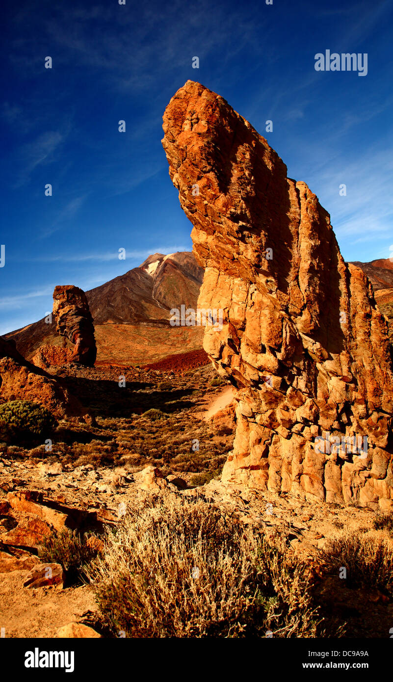 Volcano Teide with rock formations in the foreground, Island Tenerife, Canary Islands, Spain Stock Photo