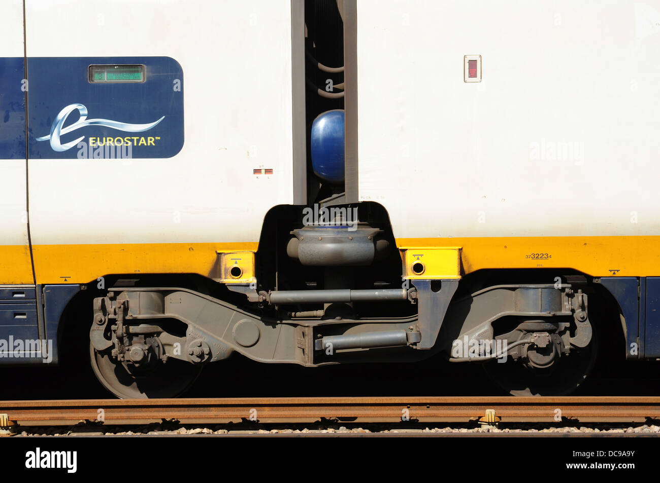 Articulated carriage bogie on Eurostar train, Ashford International railway station, Kent, England, UK Stock Photo