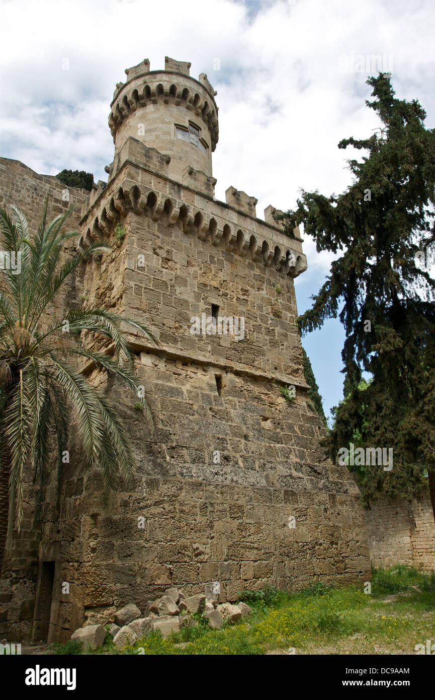A tower of the medieval city walls of Rhodes, Greece, as seen from the moat. Stock Photo