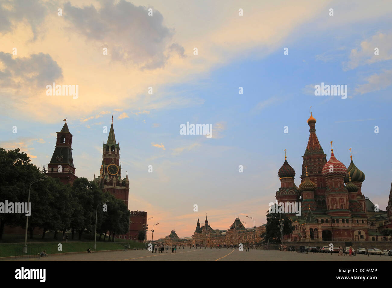 Dusk over Red Square, Krasnaya Ploshchad, Kremlin, GUM department store, St Basil's Cathedral, Sobor Vasilija Blazhennogo Stock Photo