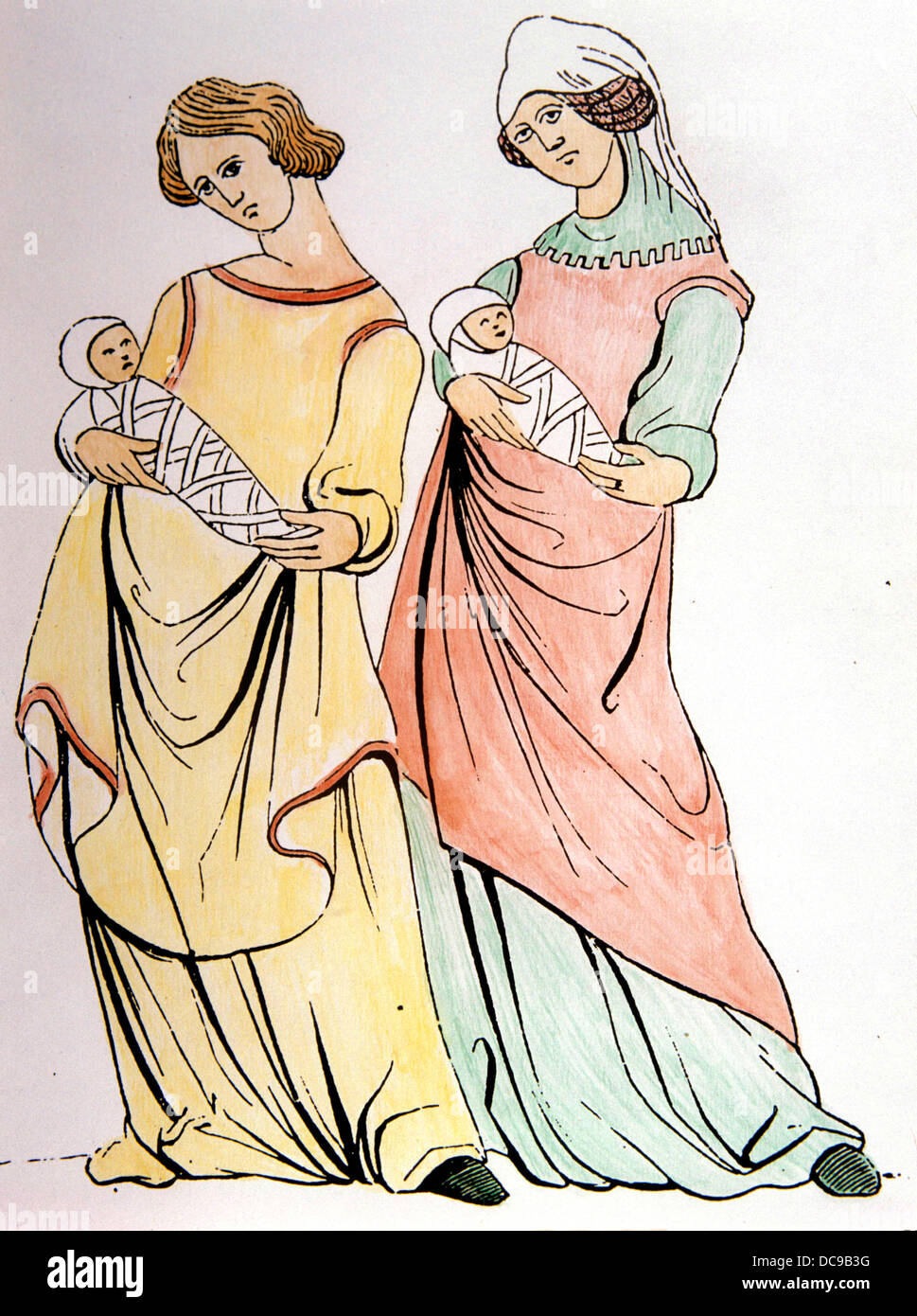 Medieval period. Midwives or Mothers holding babies. 13th century. Stock Photo