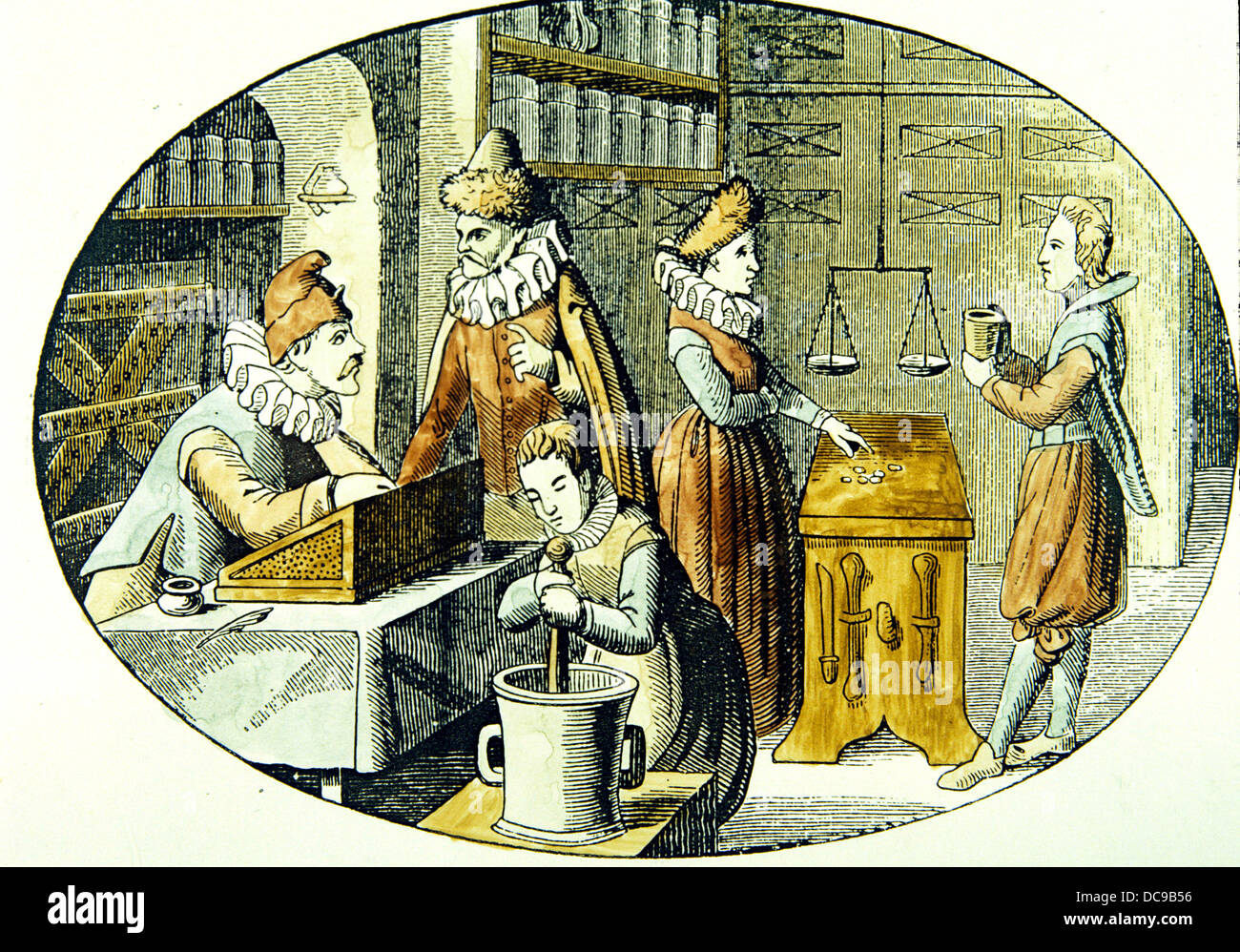 French engraving. Shop of a grocer and druggist, pharmacy. 17th century. Stock Photo