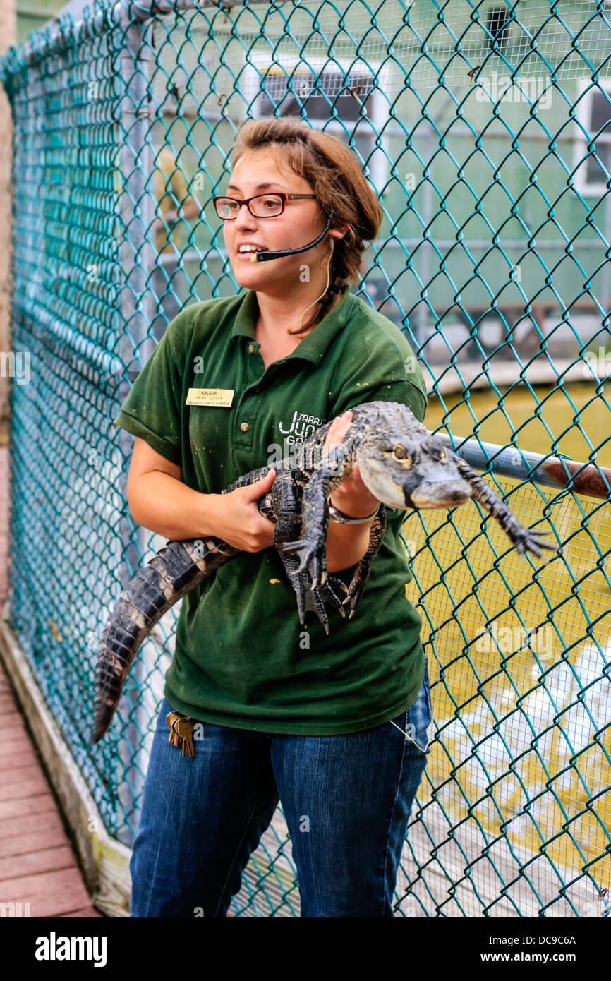 Animal handler at the Sarasota Jungle Gardens handles and talks about a