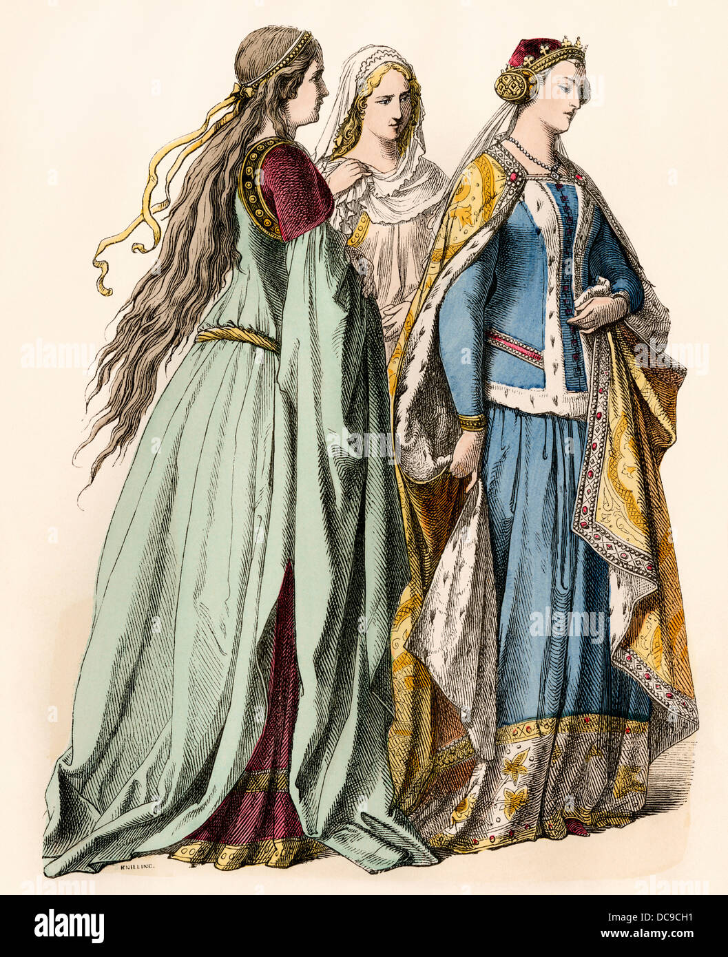 Ladies attending an English princess of the 14th century. Hand-colored print Stock Photo