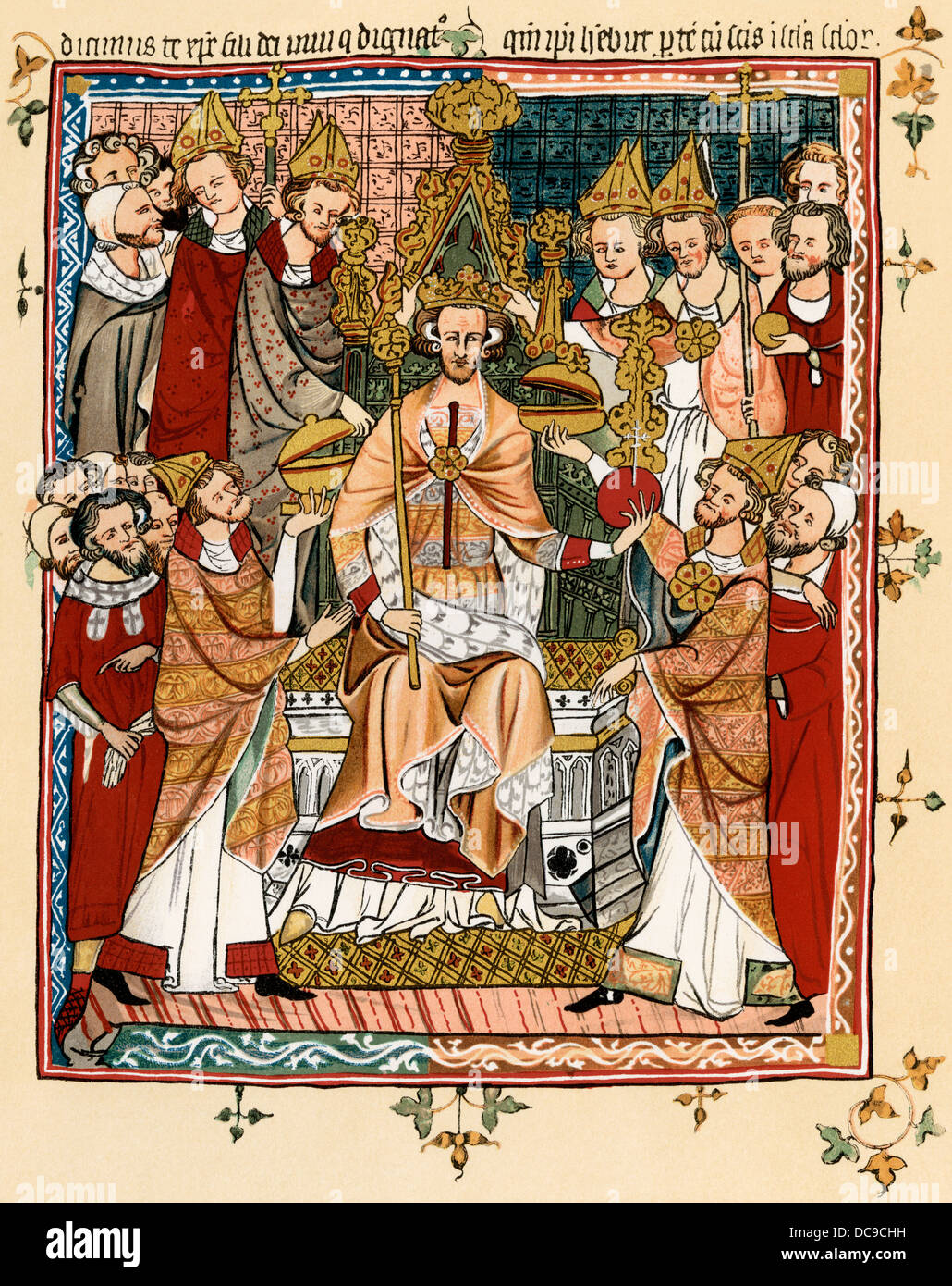 Coronation of a king, early 14th century. Color lithograph reproduction Stock Photo