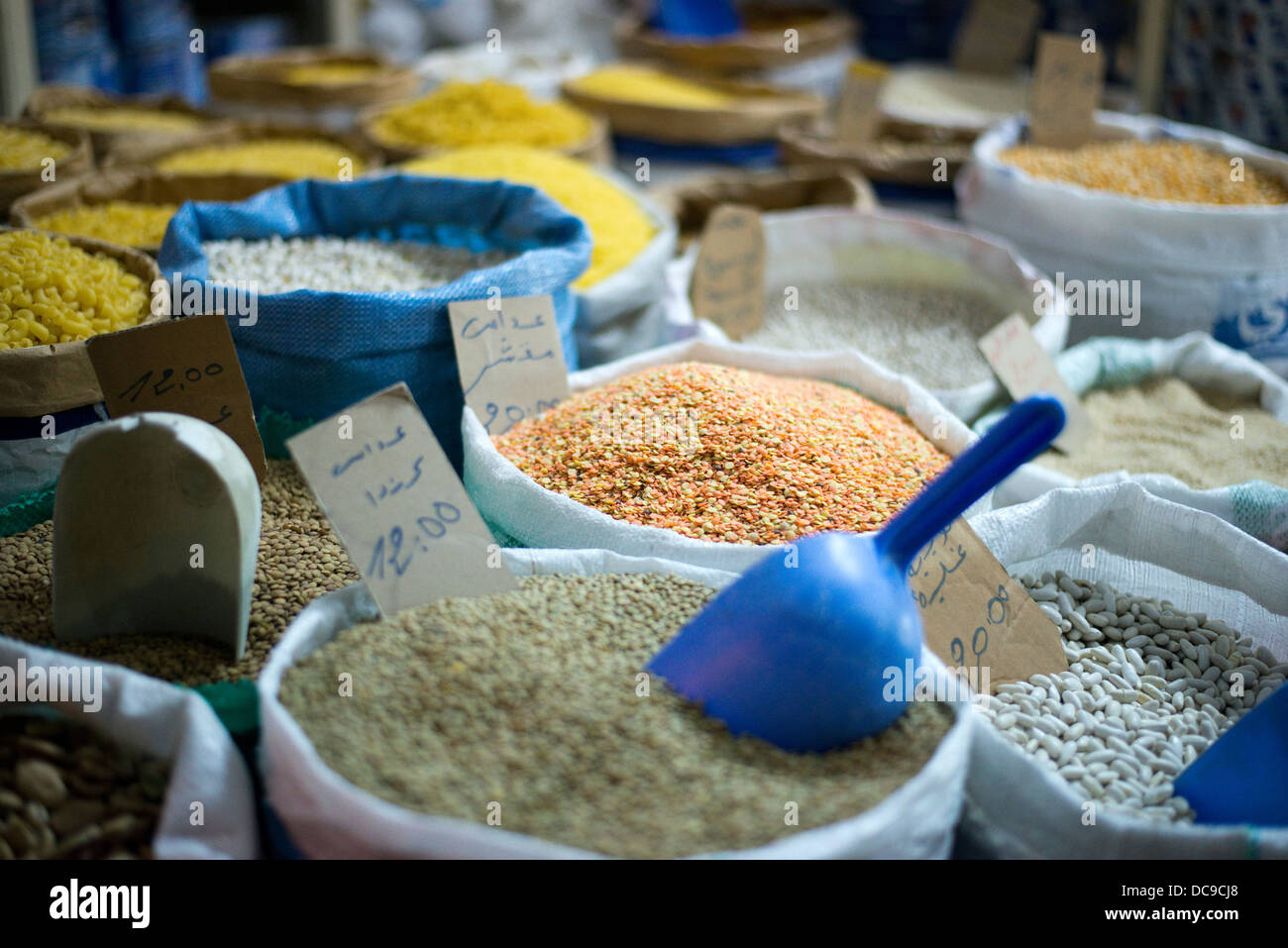 A detail of different grains for sale in the souk in Tangier, Morocco. Stock Photo