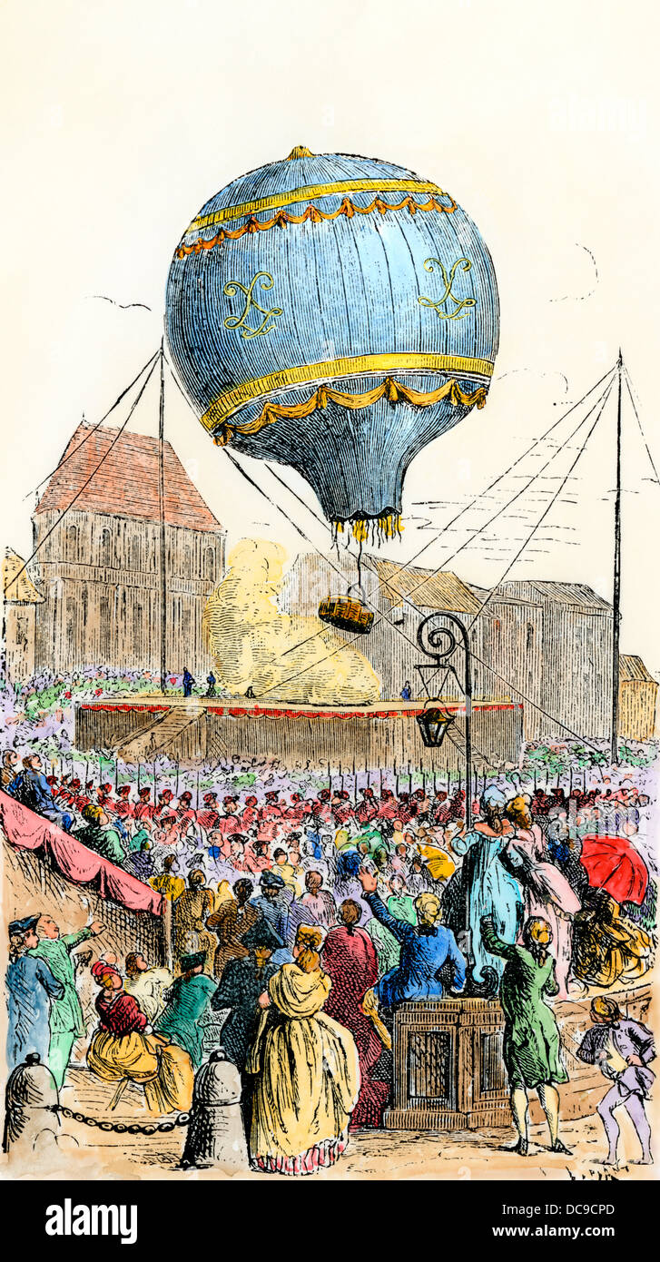 Montgolfier balloon in France, the first practical hot-air ascent, 1783. Hand-colored woodcut Stock Photo