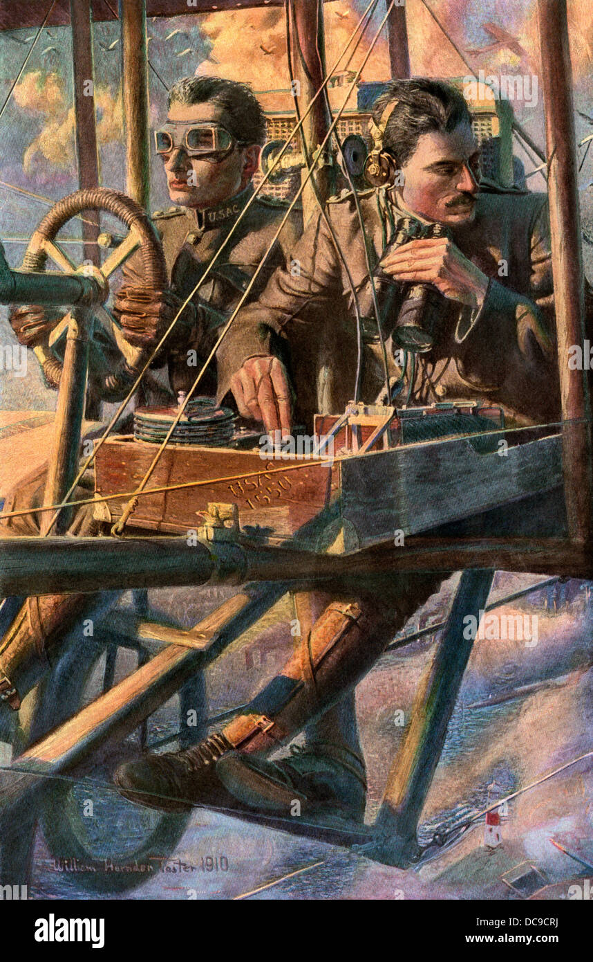 Early airmen on a scouting mission for the U.S. Aviation Corps, 1910.  Color halftone reproduction of a W.H. Fraser illustration Stock Photo