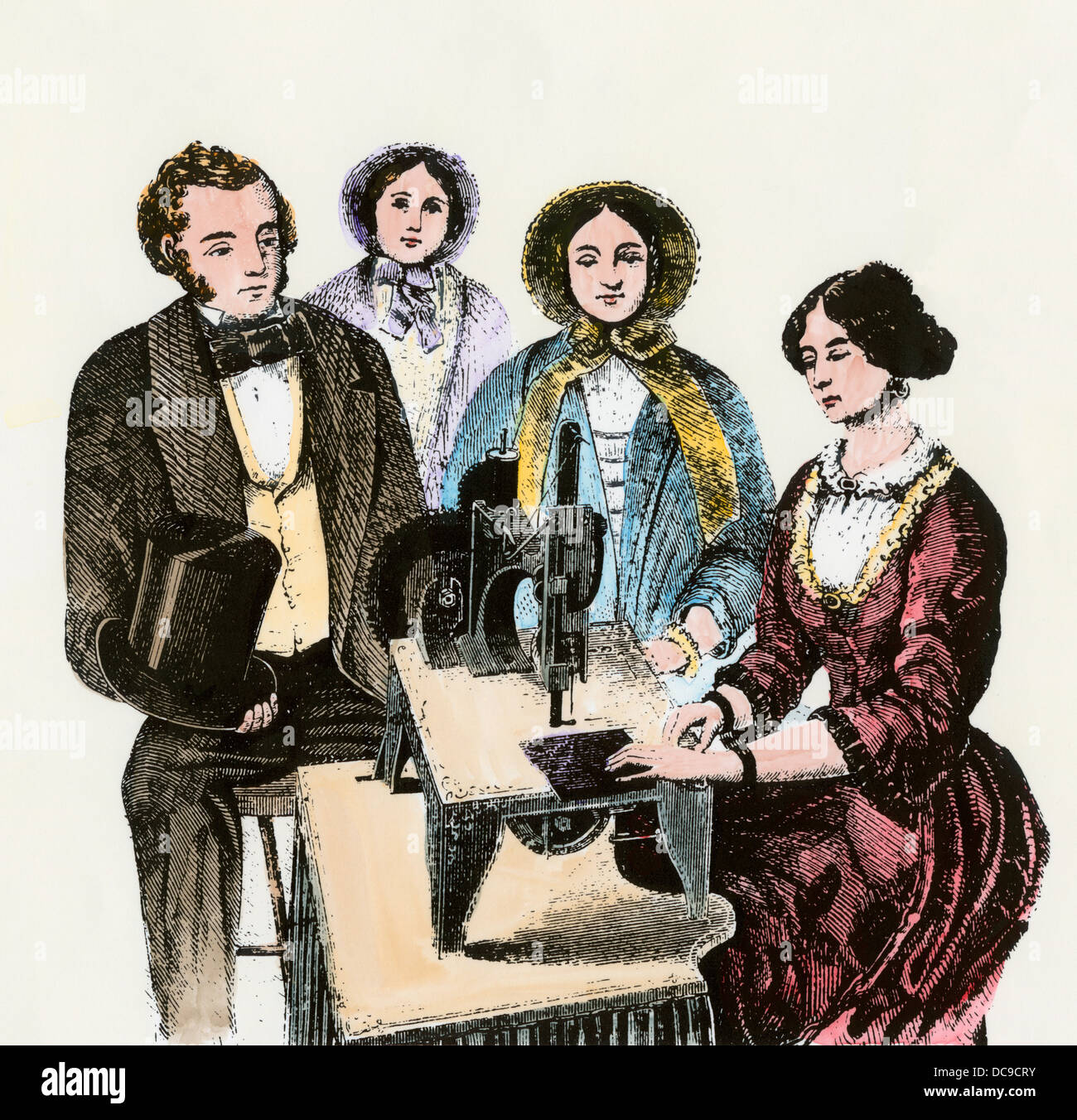 Woman demonstrating Singer's first sewing machine, 1850s. Hand-colored woodcut Stock Photo