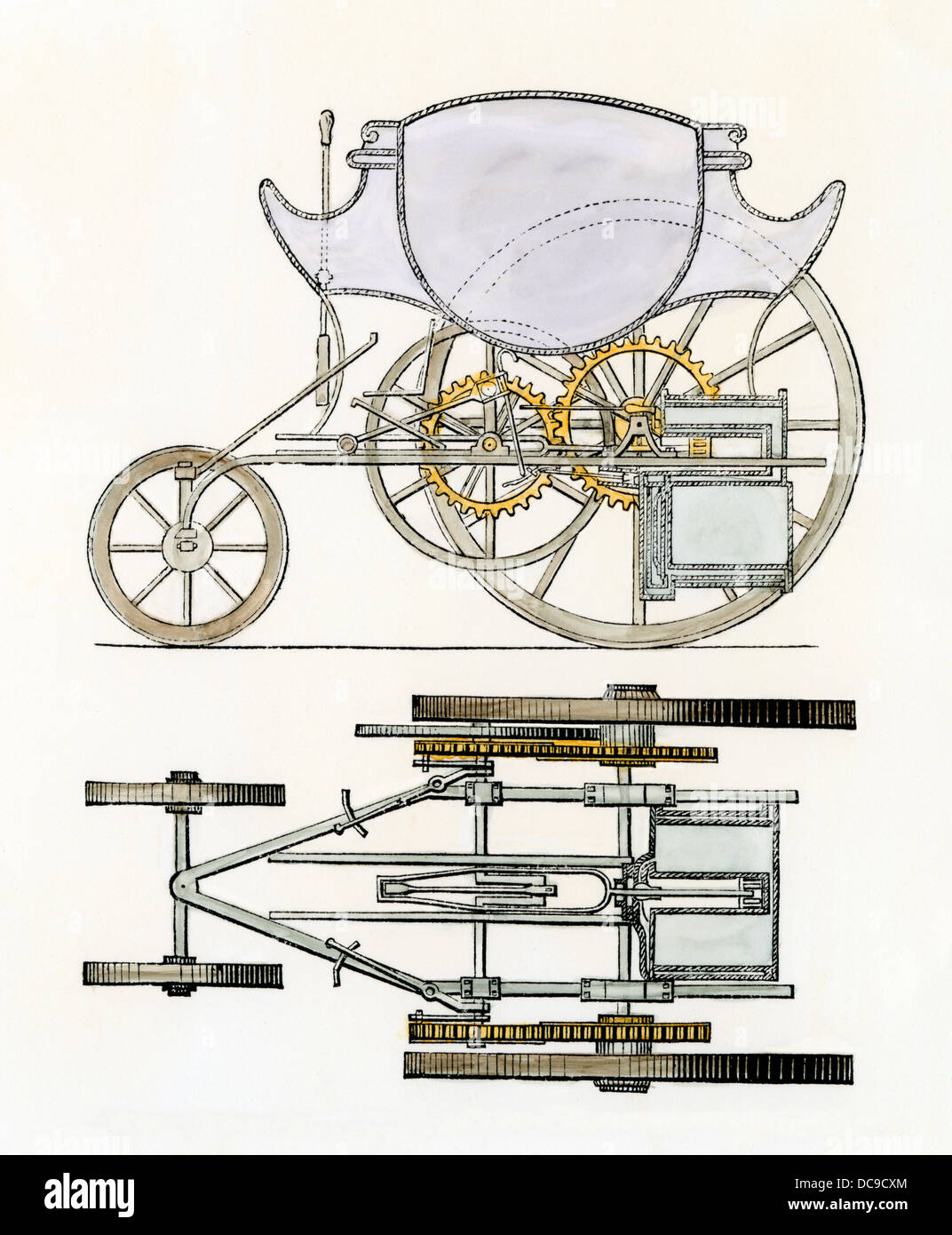Trevethick & Vivian's plan for a steam locomotive 'Merthyr-Tydvil,' 1805. Hand-colored woodcut Stock Photo
