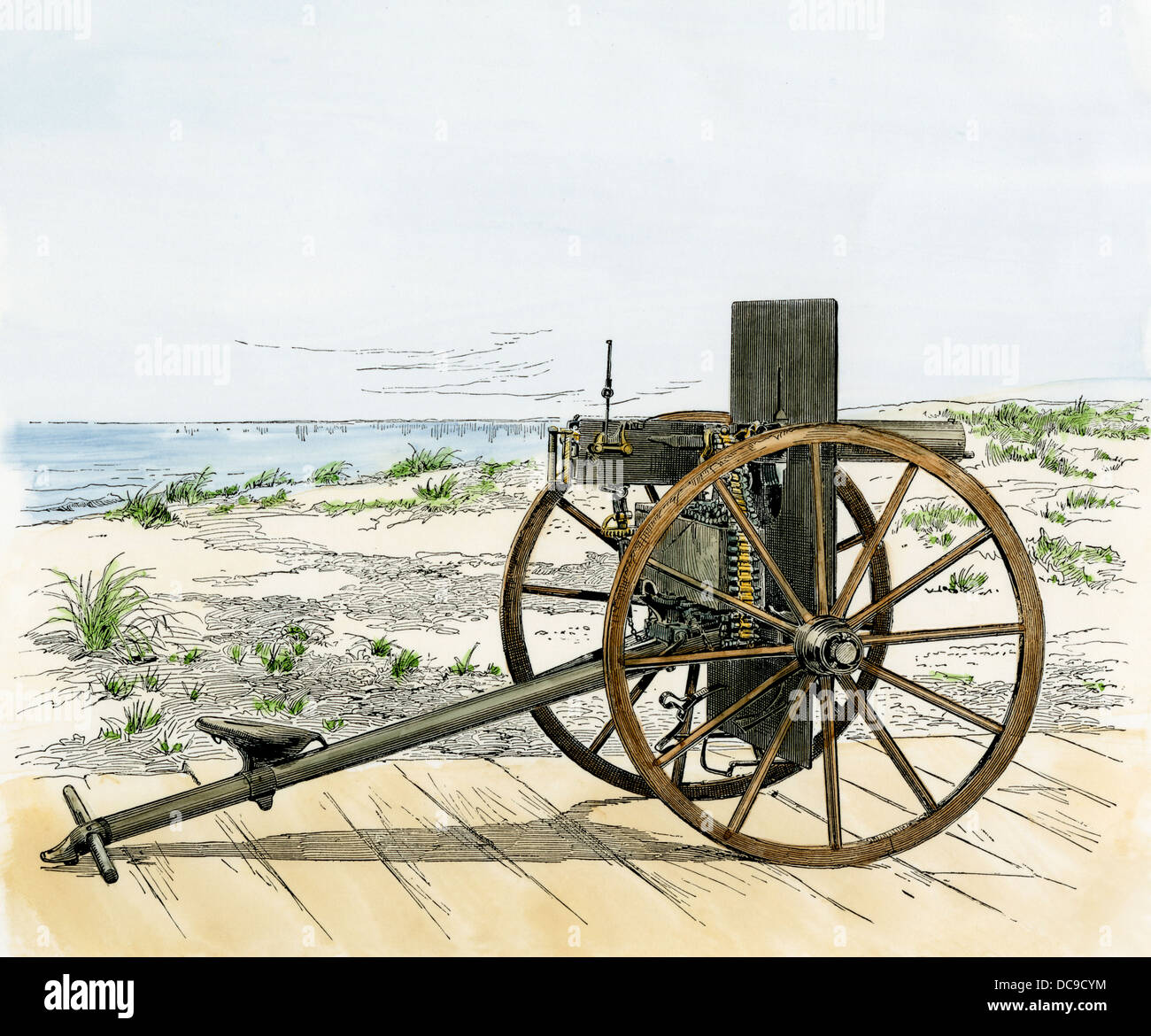 Maxim field gun, a type of Gatling gun, with a bullet-proof shield. 1880s. Hand-colored woodcut Stock Photo