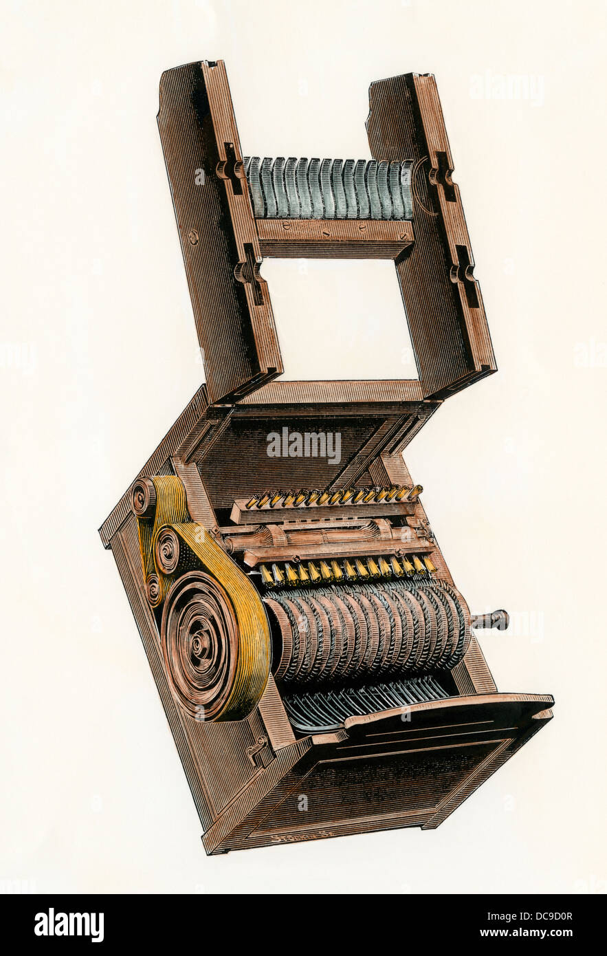 Model of Eli Whitney's cotton-gin. Hand-colored woodcut Stock Photo