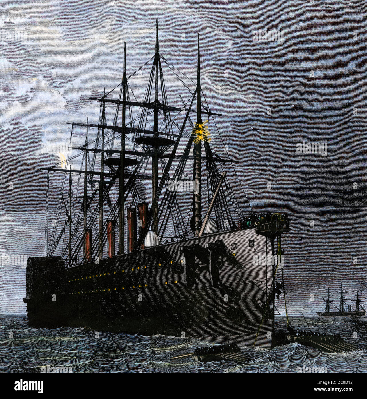 Ship 'Great Eastern' picking up the Atlantic cable which allowed telegraphs between North America and Europe. Hand-colored woodcut Stock Photo