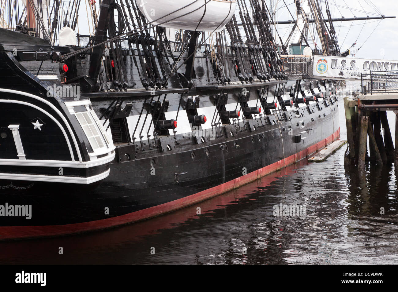 View of the stern section of the  the USS Constitution, moored at the Charlestown Navy Yard, Boston. Stock Photo