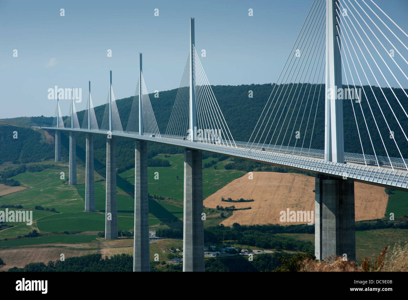 The Millau Viaduct (French: le Viaduc de Millau,  is a cable-stayed bridge that spans the valley of the River Tarn near Millau. Stock Photo