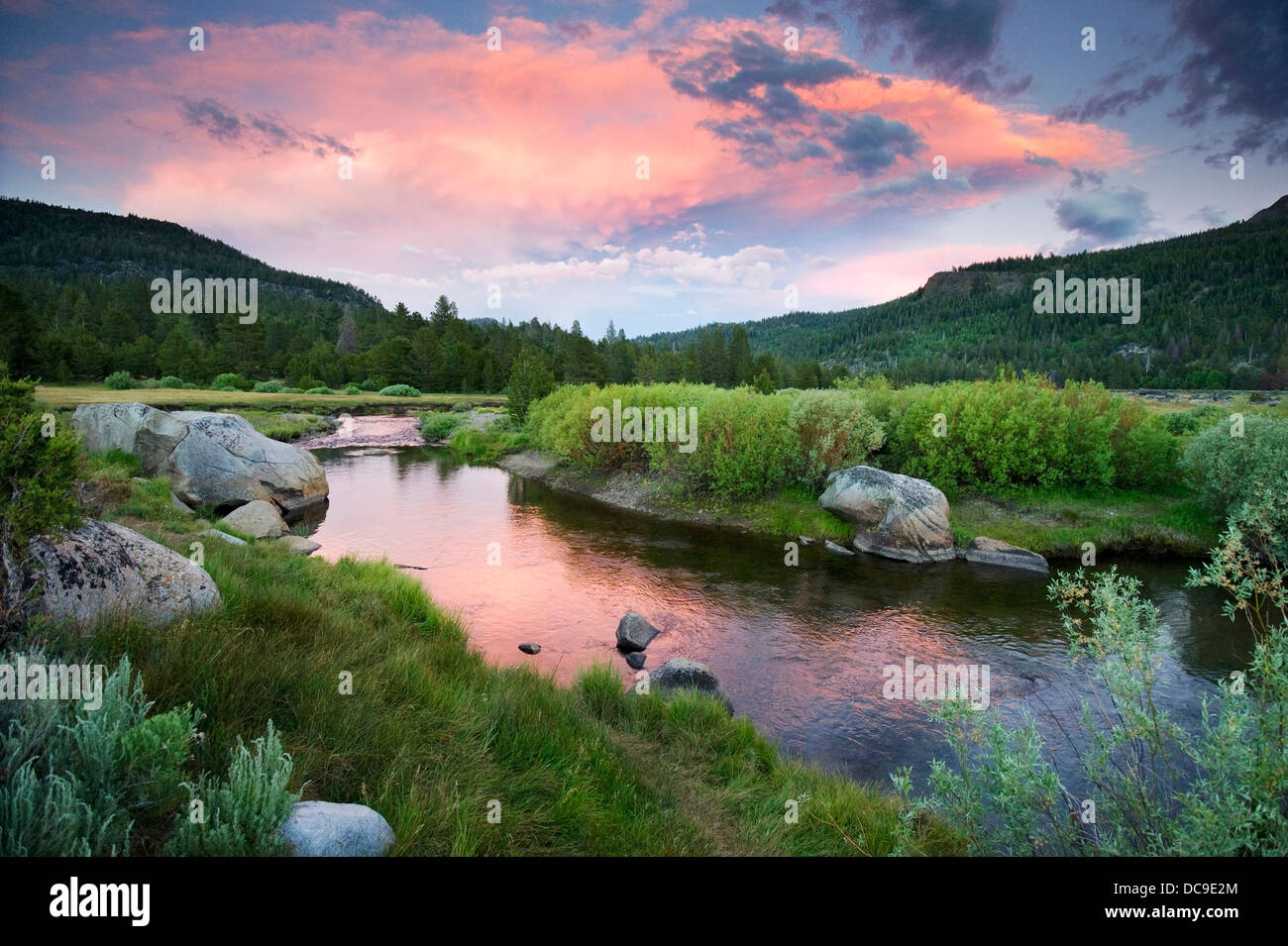A beautiful sunset over the West Fork of the Carson River in Hope Valley near South Lake Tahoe, CA. Stock Photo